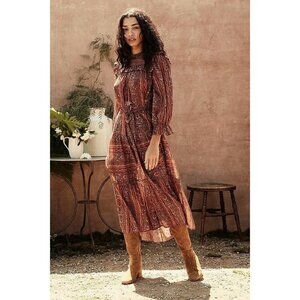 Doen Mountain Dress Floral Printed Ruffle Cotton Round Neck Long Sleeve Maxi S